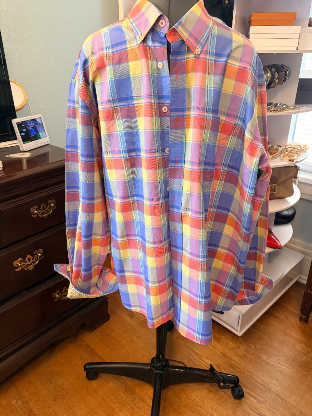 Alan Flusser Multicolor Plaid Shirt Men XL Pastel Button Down Coastal Preppycore